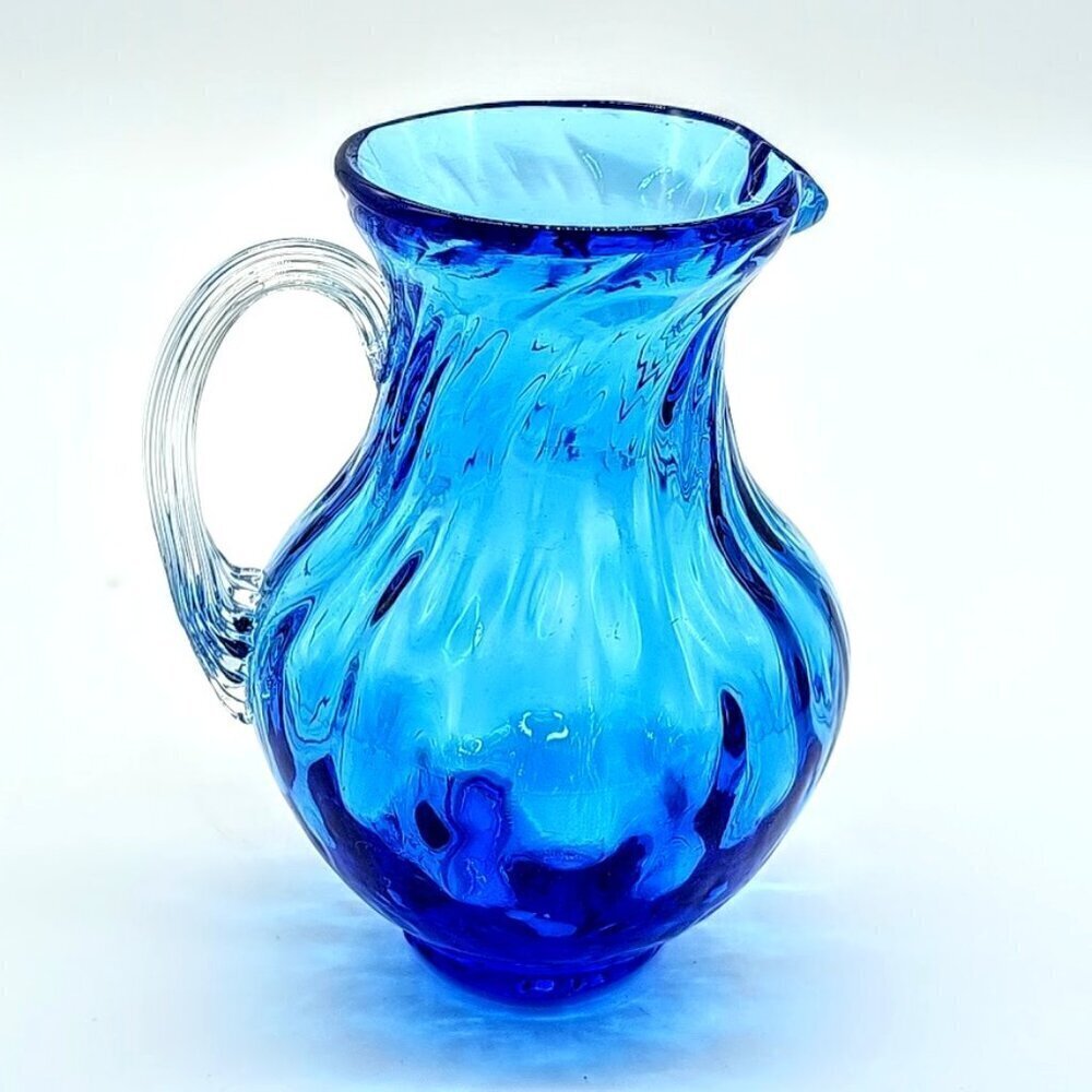 Handblown Blue Glass Clear Applied Handle Small Pitcher